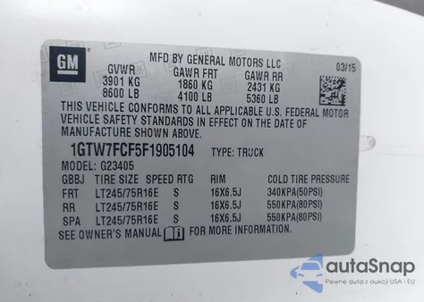 2015 GMC Savana 2500 Work Van z USA, uszkodzony, nr VIN 1GTW7FCF5F1905104